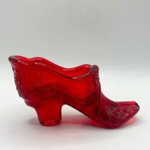 Vintage Ruby Red Amberina GLASS Slipper / Shoe Scroll and Ribbon Pattern GLOWS